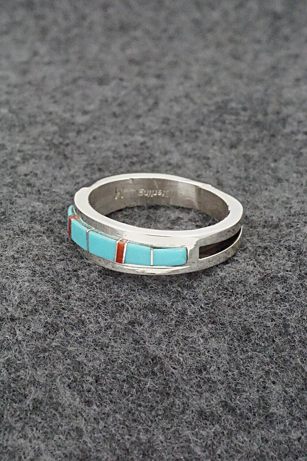 Turquoise, Coral & Sterling Silver Ring - Wilbert Muskett - Size 10.5