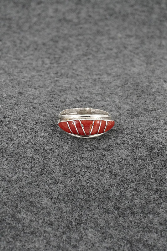 Coral & Sterling Silver Inlay Ring - Ola Eriacho - Size 5.5