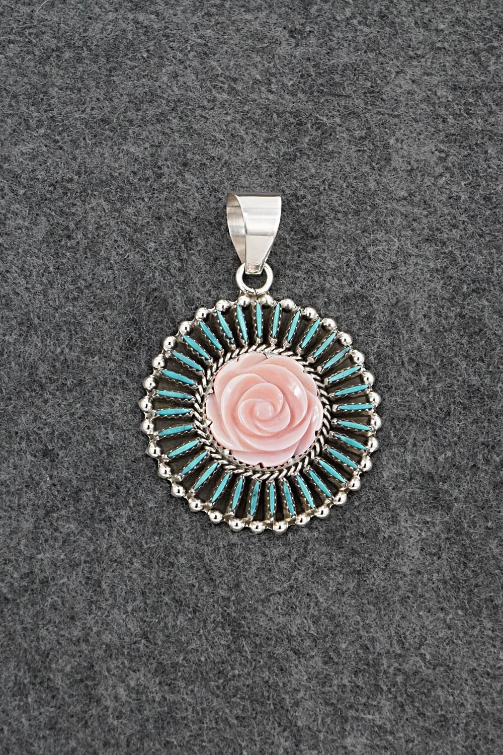 Turquoise, Pink Conch & Sterling Silver Pendant - Roland Francisco