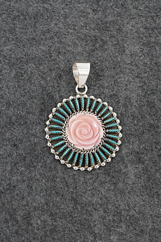 Turquoise, Pink Conch & Sterling Silver Pendant - Roland Francisco