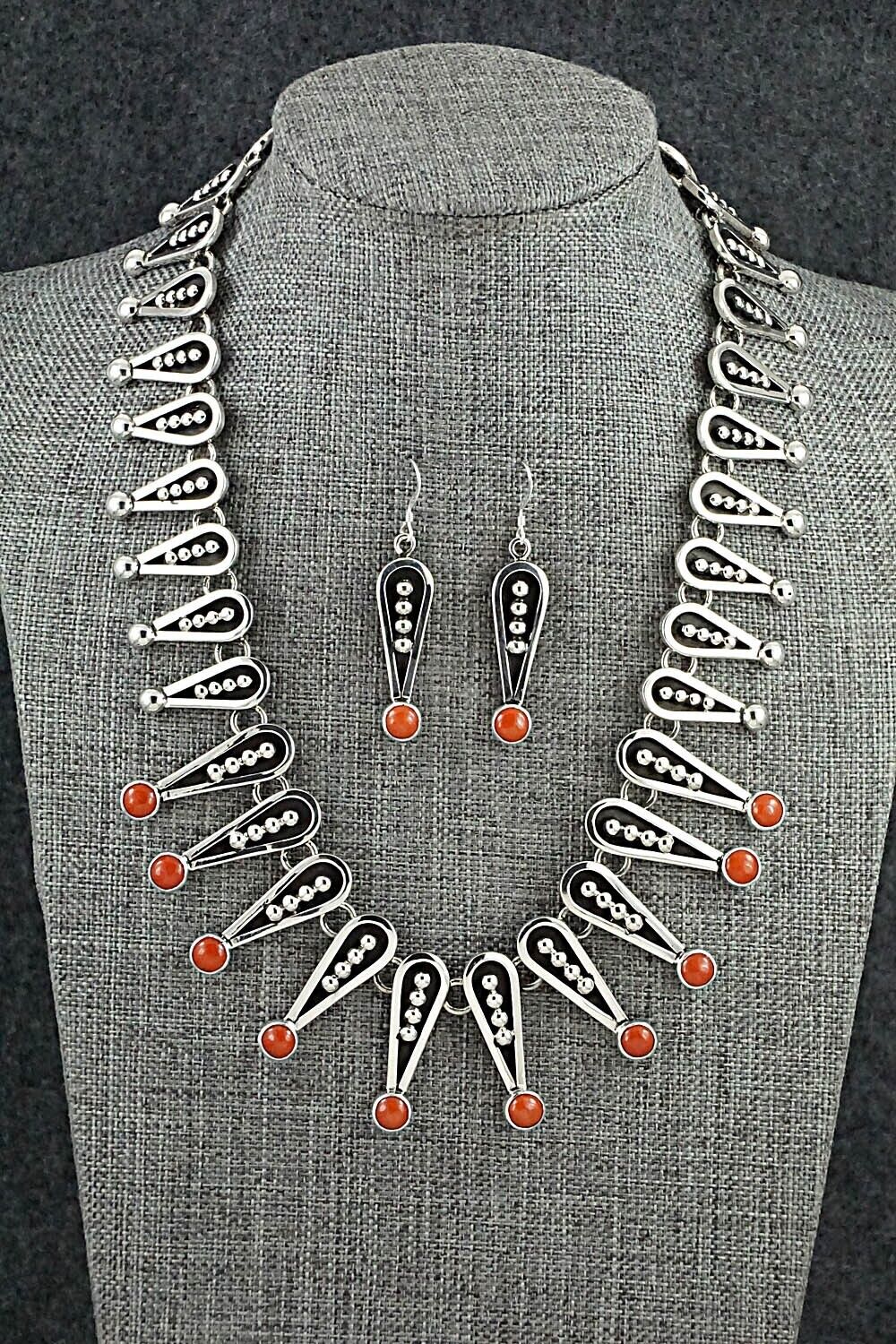 Coral & Sterling Silver Necklace & Earrings Set - Jonathan Nez