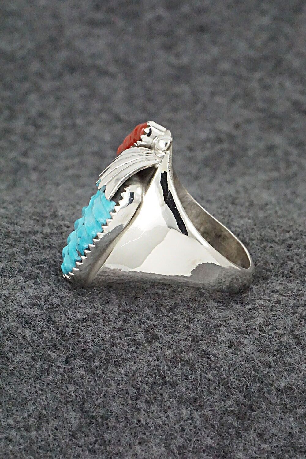 Coral, Turquoise & Sterling Silver Ring - Lyolita Tsattie - Size 9.5