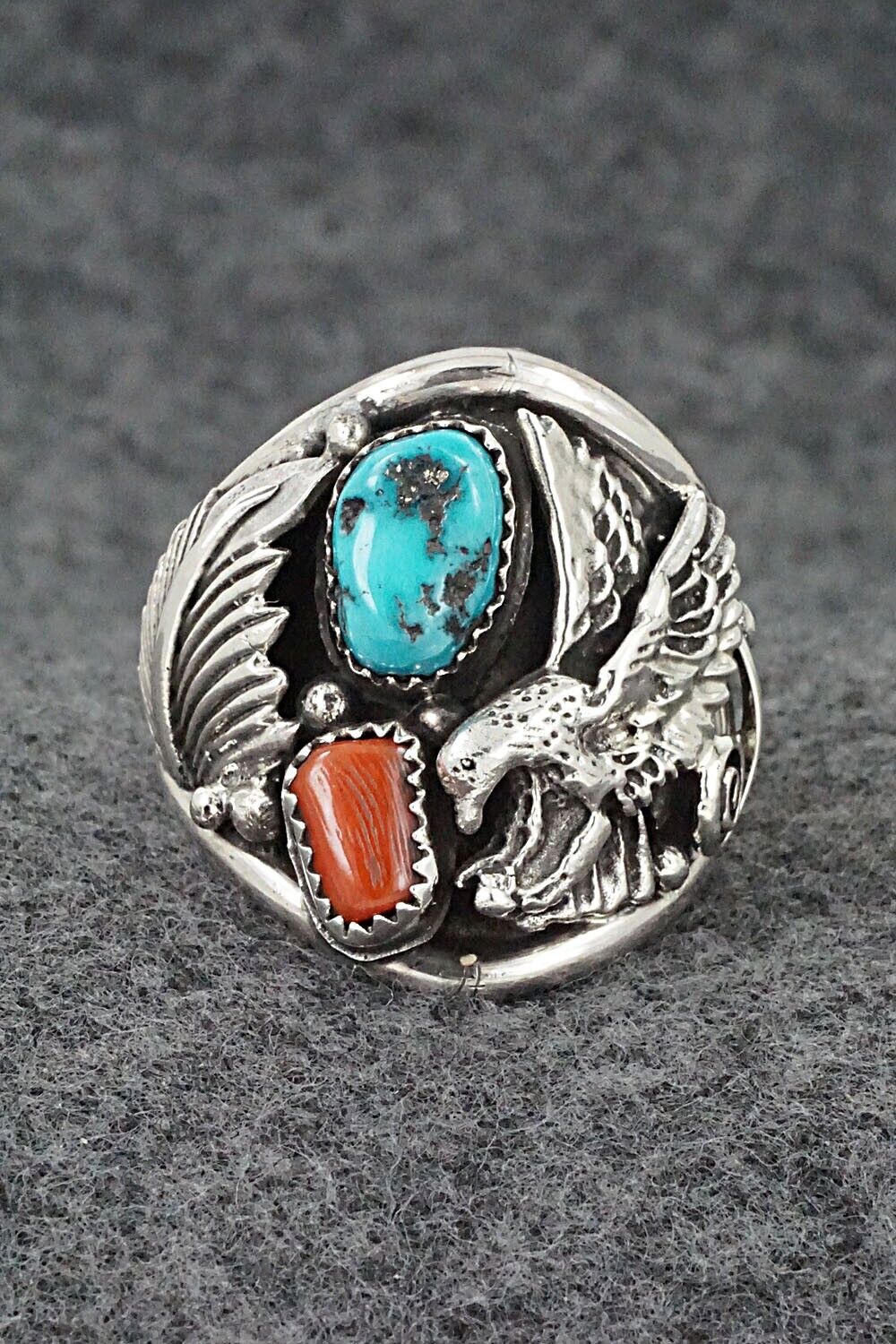 Turquoise, Coral & Sterling Silver Ring - Jeannette Saunders - Size 13.75