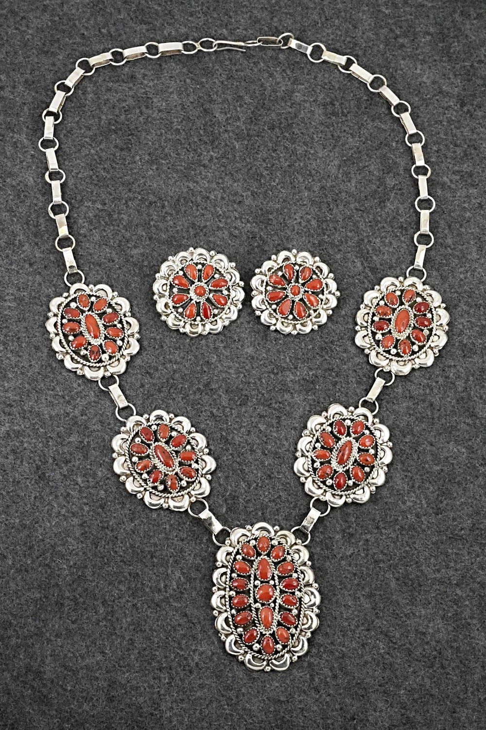 Coral & Sterling Silver Necklace and Earrings Set - Eunice Wilson