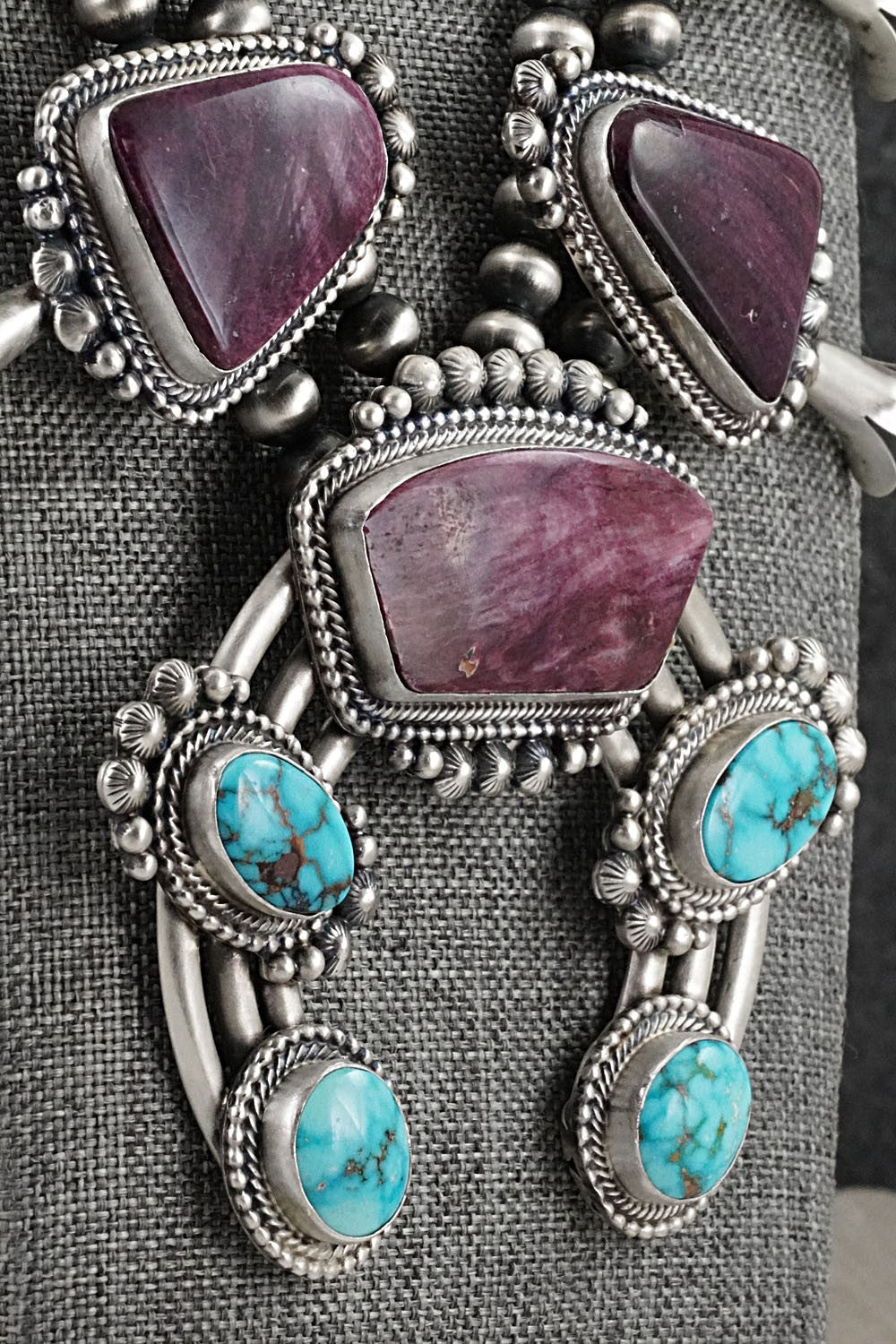 Turquoise, Spiny Oyster & Sterling Silver Squash Blossom Necklace - Tom Lewis