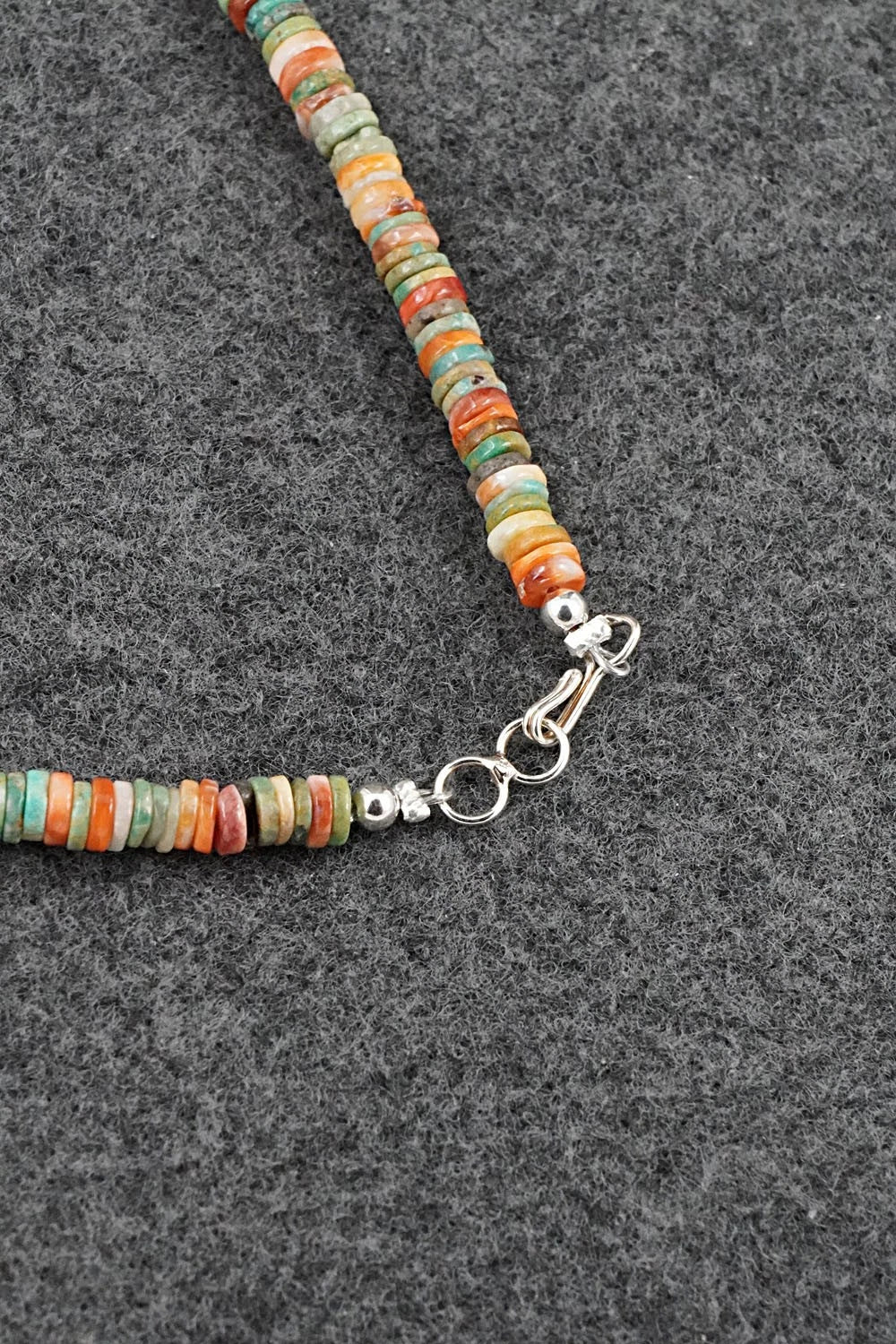 Turquoise, Spiny Oyster & Sterling Silver Necklace 17" - Doreen Jake