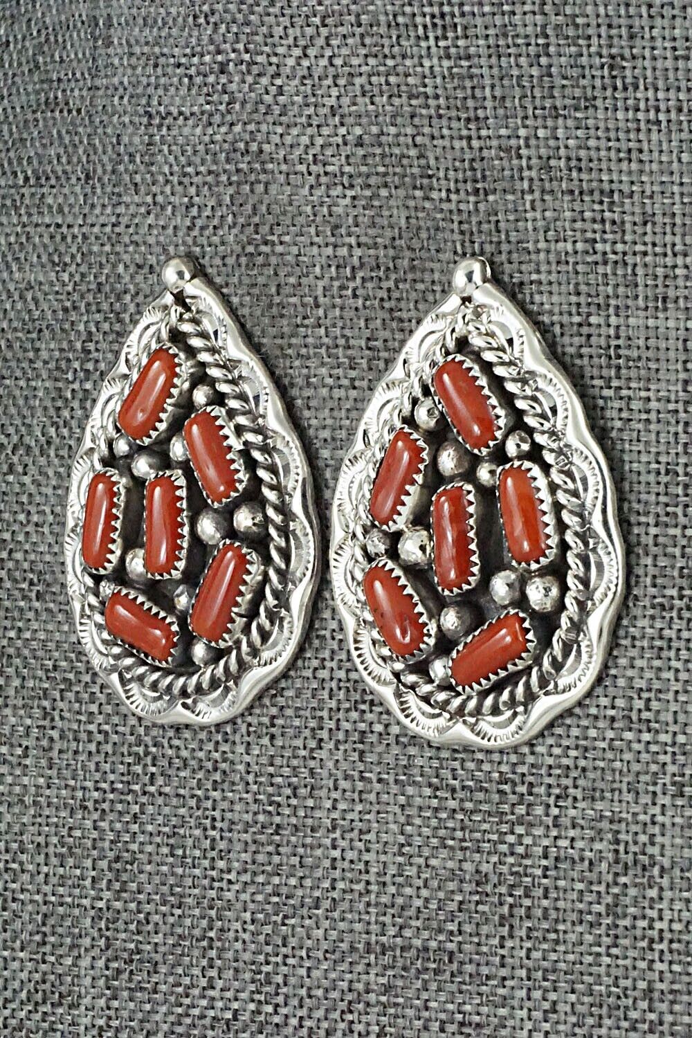 Coral & Sterling Silver Earrings - Chester Charley