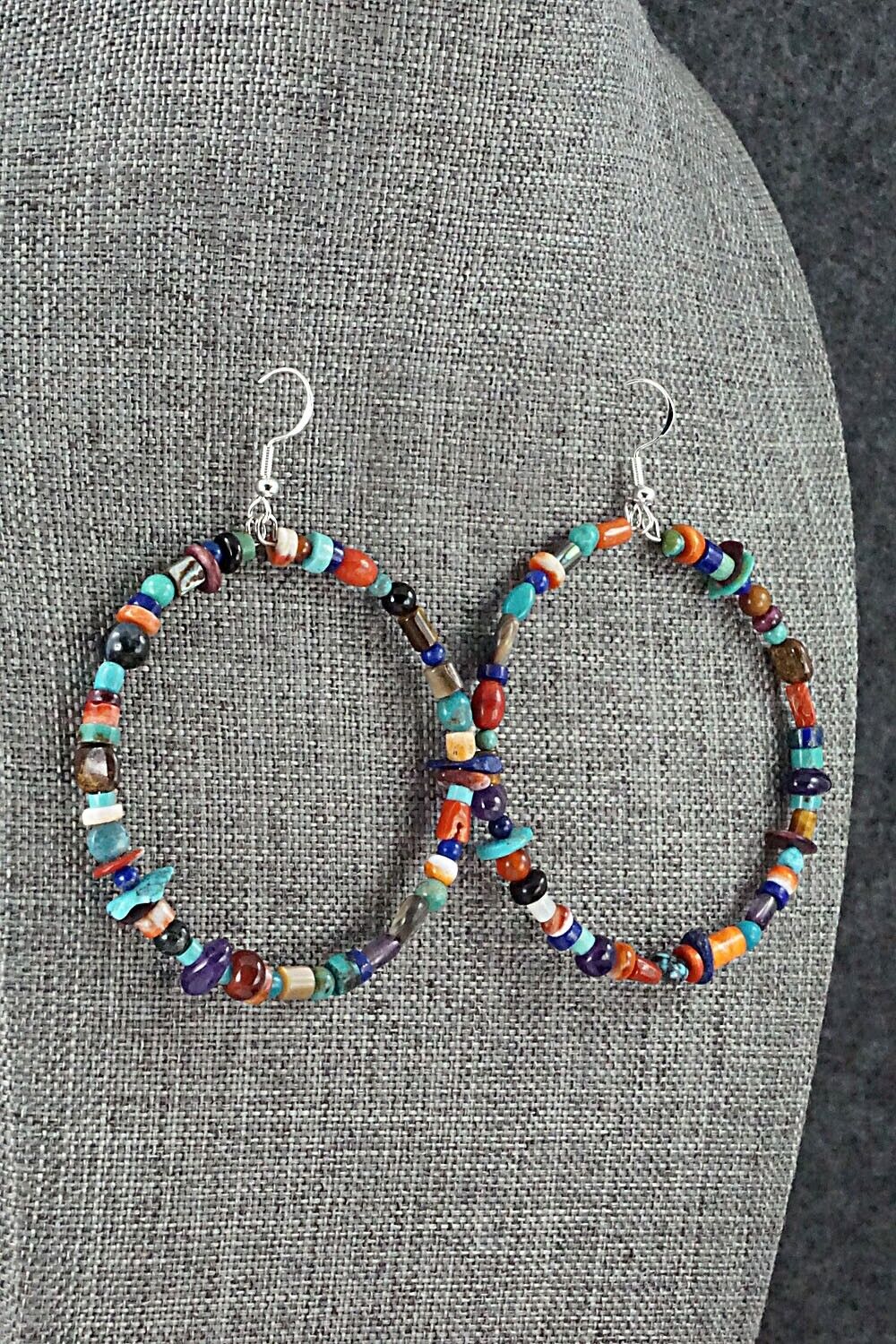 Multi Stone & Sterling Silver Hoop Earrings - Helen Tsosie