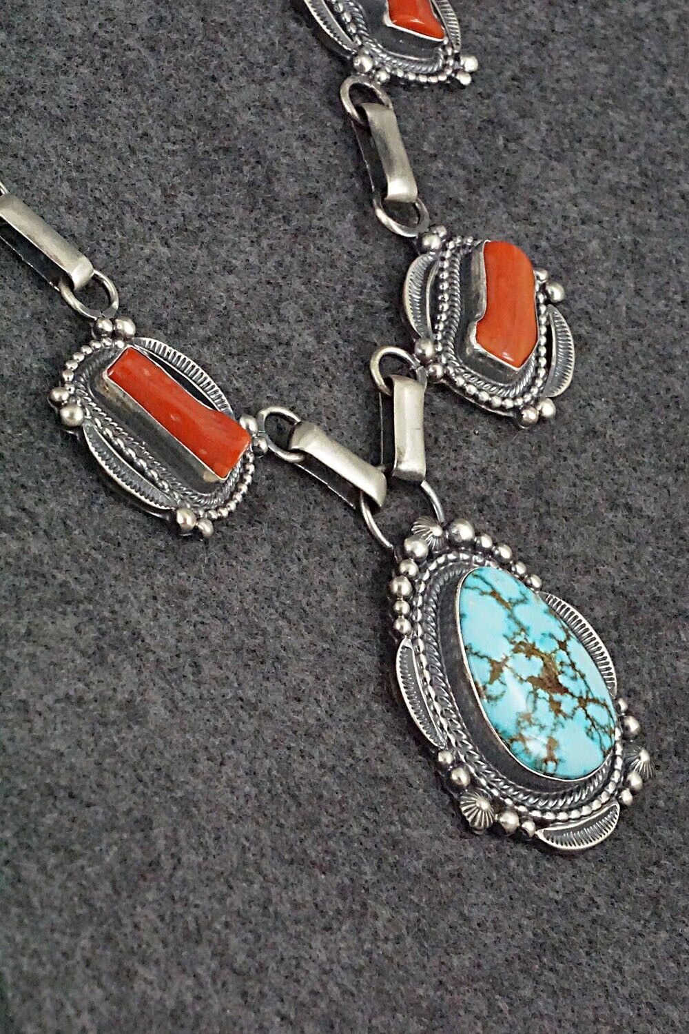 Turquoise, Coral & Sterling Silver Necklace and Earrings Set - Tom Lewis