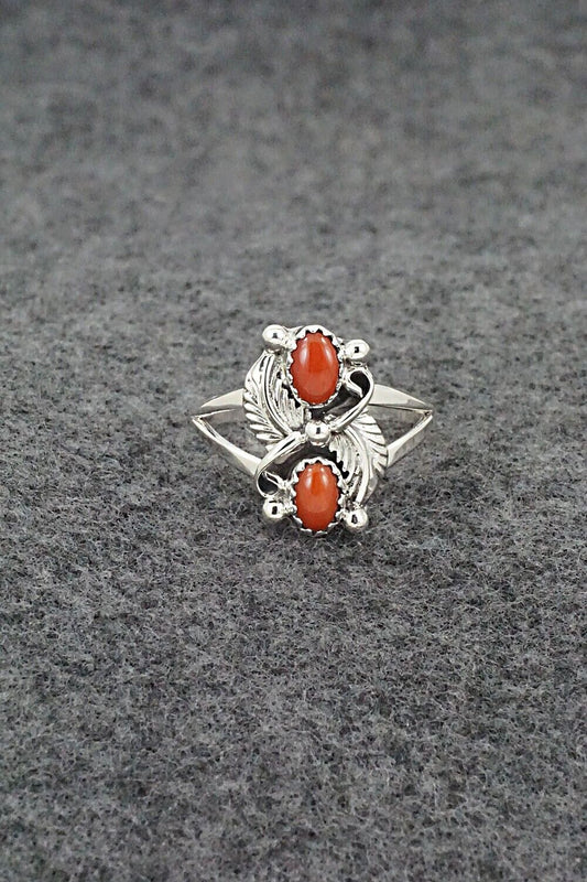 Coral & Sterling Silver Ring - Judy Largo - Size 8.75