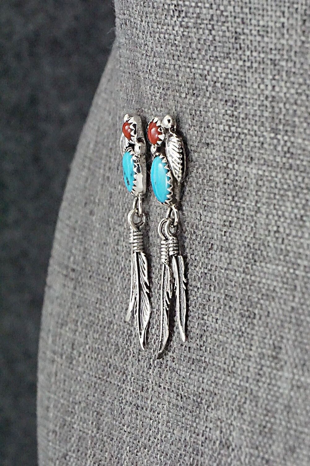 Turquoise, Coral & Sterling Silver Earrings - Marie Jones