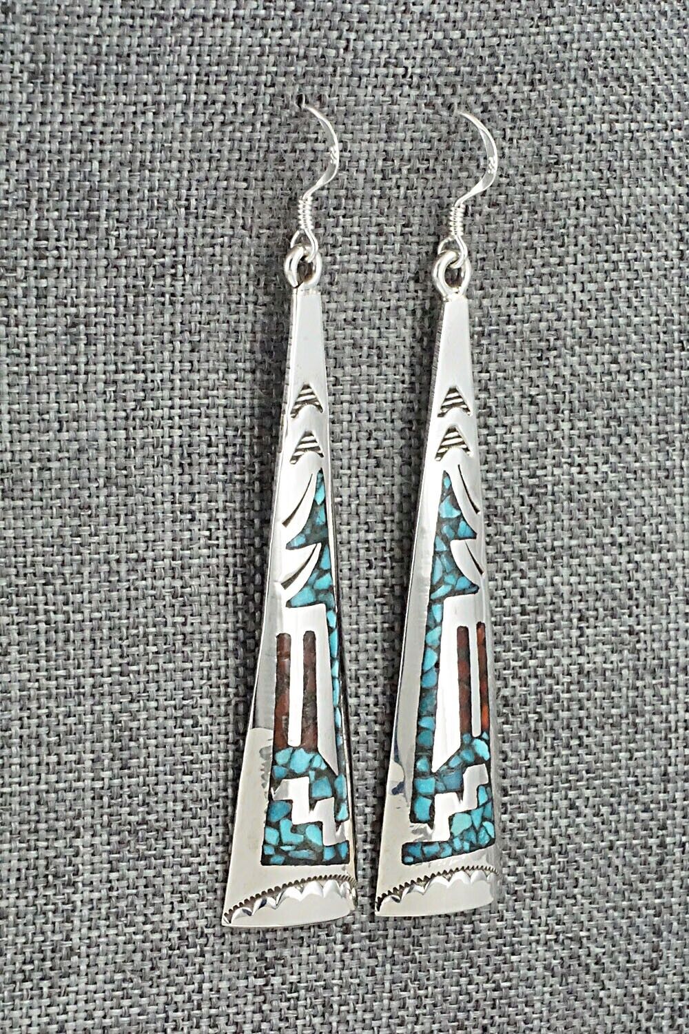 Turquoise, Coral & Sterling Silver Earrings - Jolene Yazzie