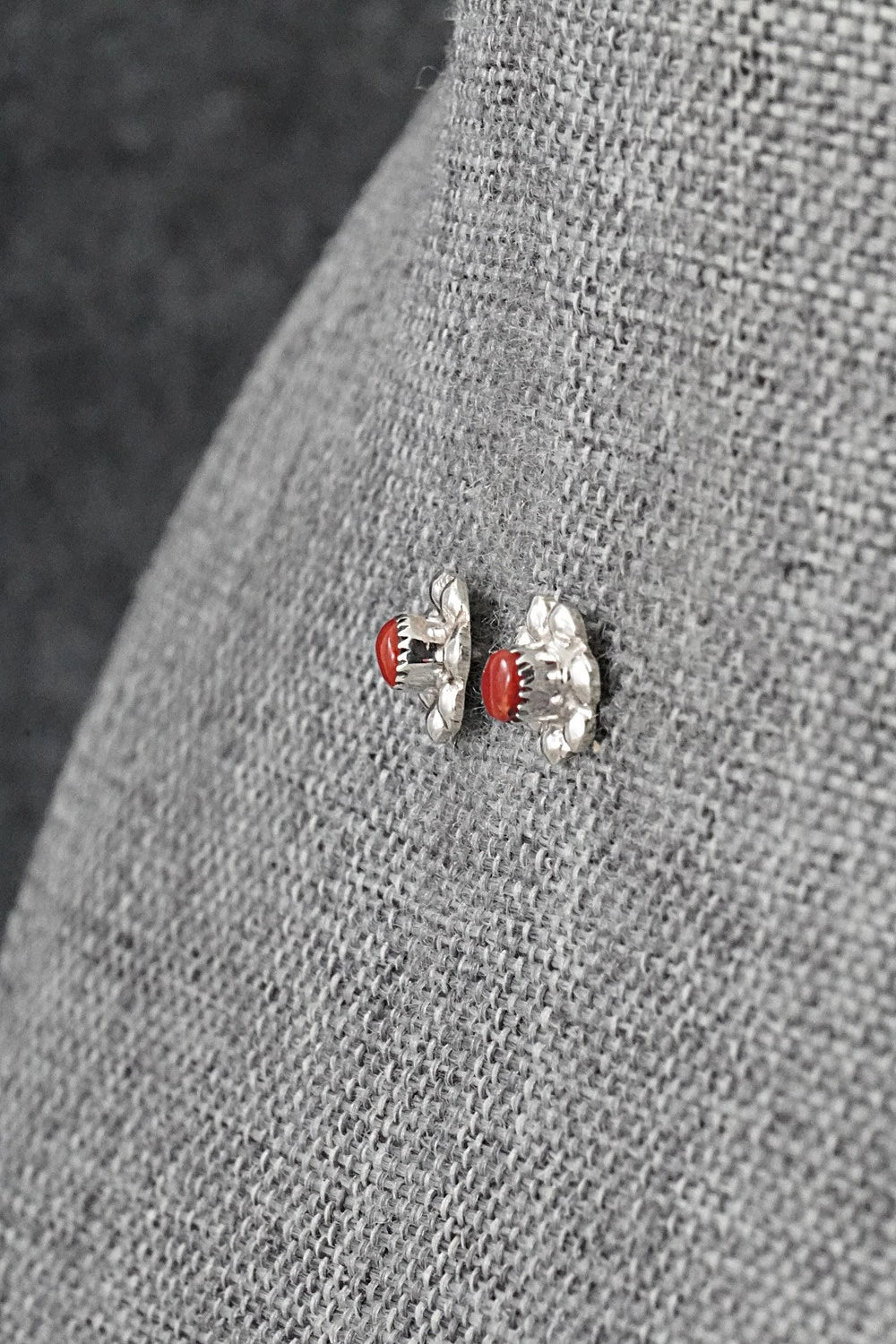 Coral and Sterling Silver Earrings - Ronald Yatsattie