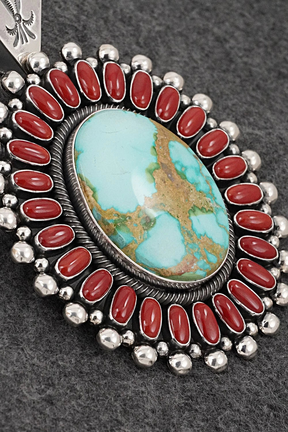 Turquoise, Coral & Sterling Silver Pendant - Ernest Begay