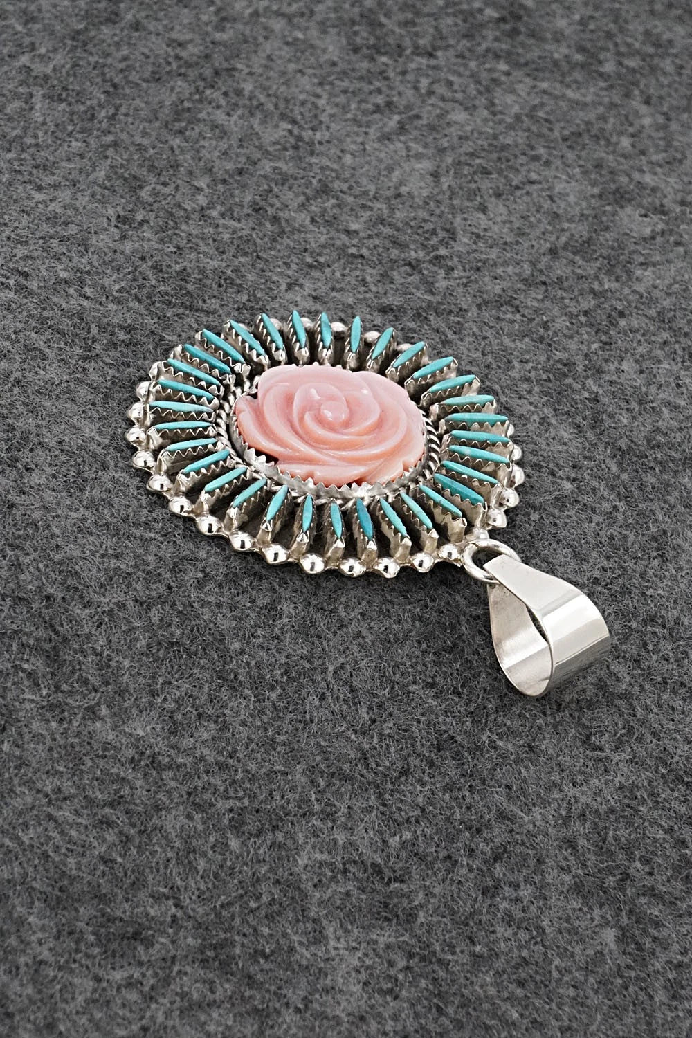 Turquoise, Pink Conch & Sterling Silver Pendant - Roland Francisco