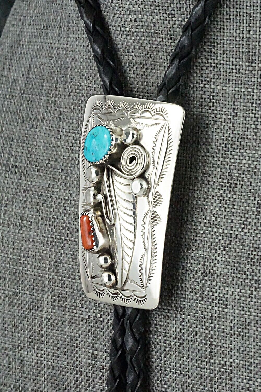Turquoise, Coral & Sterling Silver Bolo Tie - Wilbur Myers