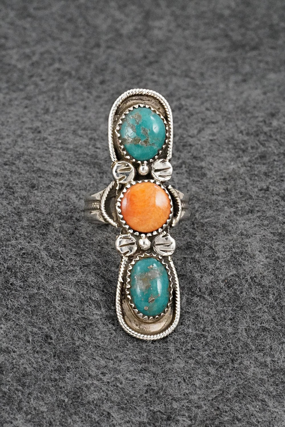 Turquoise, Spiny Oyster & Sterling Silver Ring - Priscilla Reeder - Size 8.5