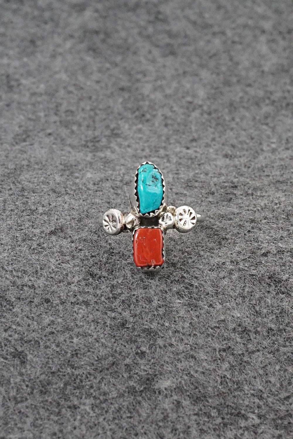 Turquoise, Coral & Sterling Silver Ring - Priscilla Reeder - Size 9