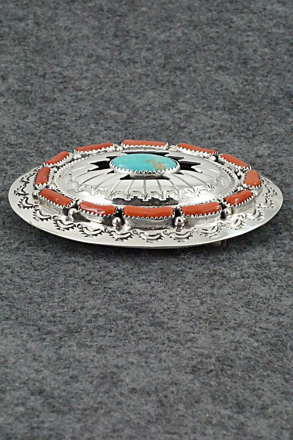 Turquoise, Coral & Sterling Silver Belt Buckle - Wilbert Muskett Sr.