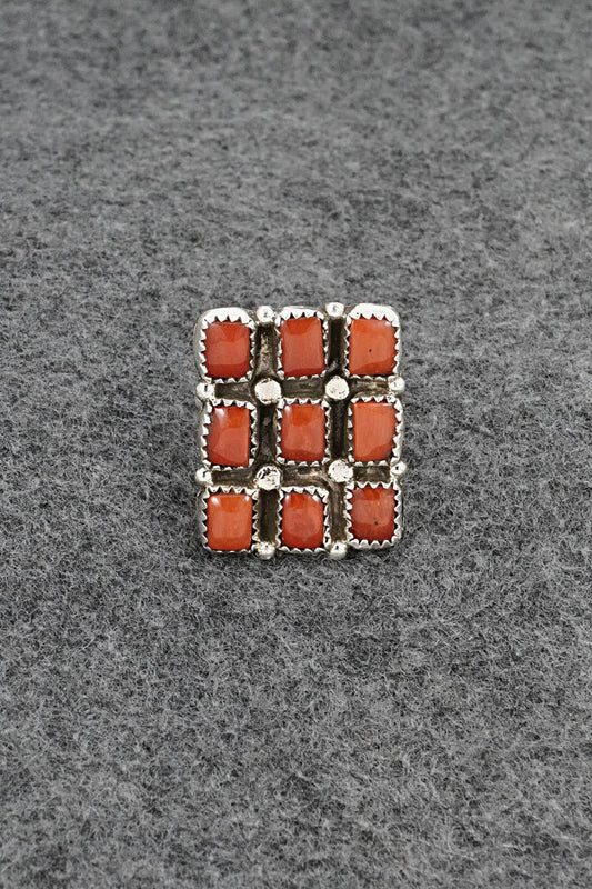 Coral & Sterling Silver Ring - Priscilla Reeder - Size 7.5