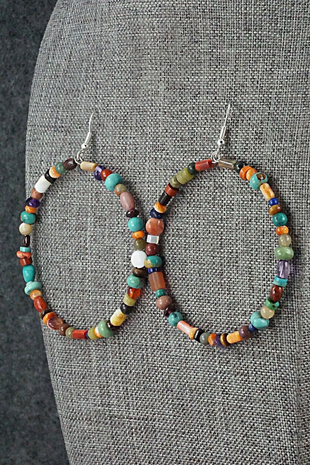 Multi Stone & Sterling Silver Hoop Earrings - Helen Tsosie