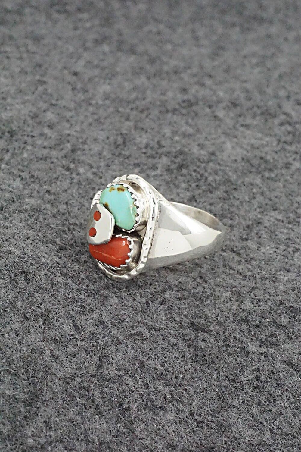 Turquoise, Coral & Sterling Silver Ring - Joy Calavaza - Size 7.5