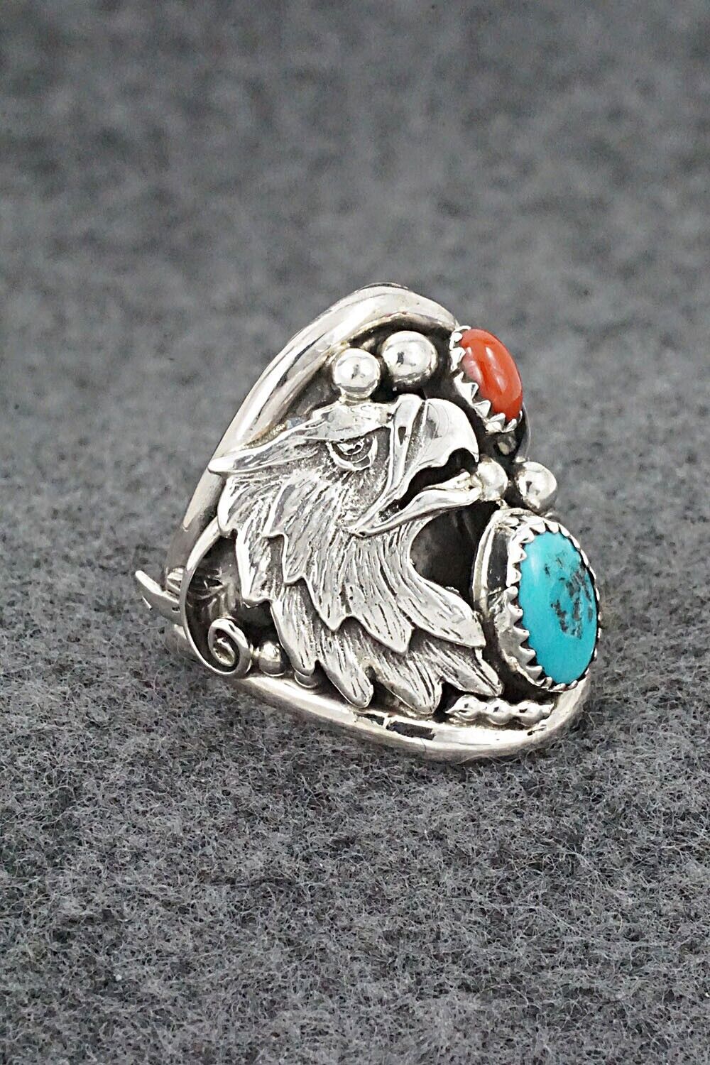 Turquoise, Coral & Sterling Silver Ring - Jeannette Saunders - Size 9.5