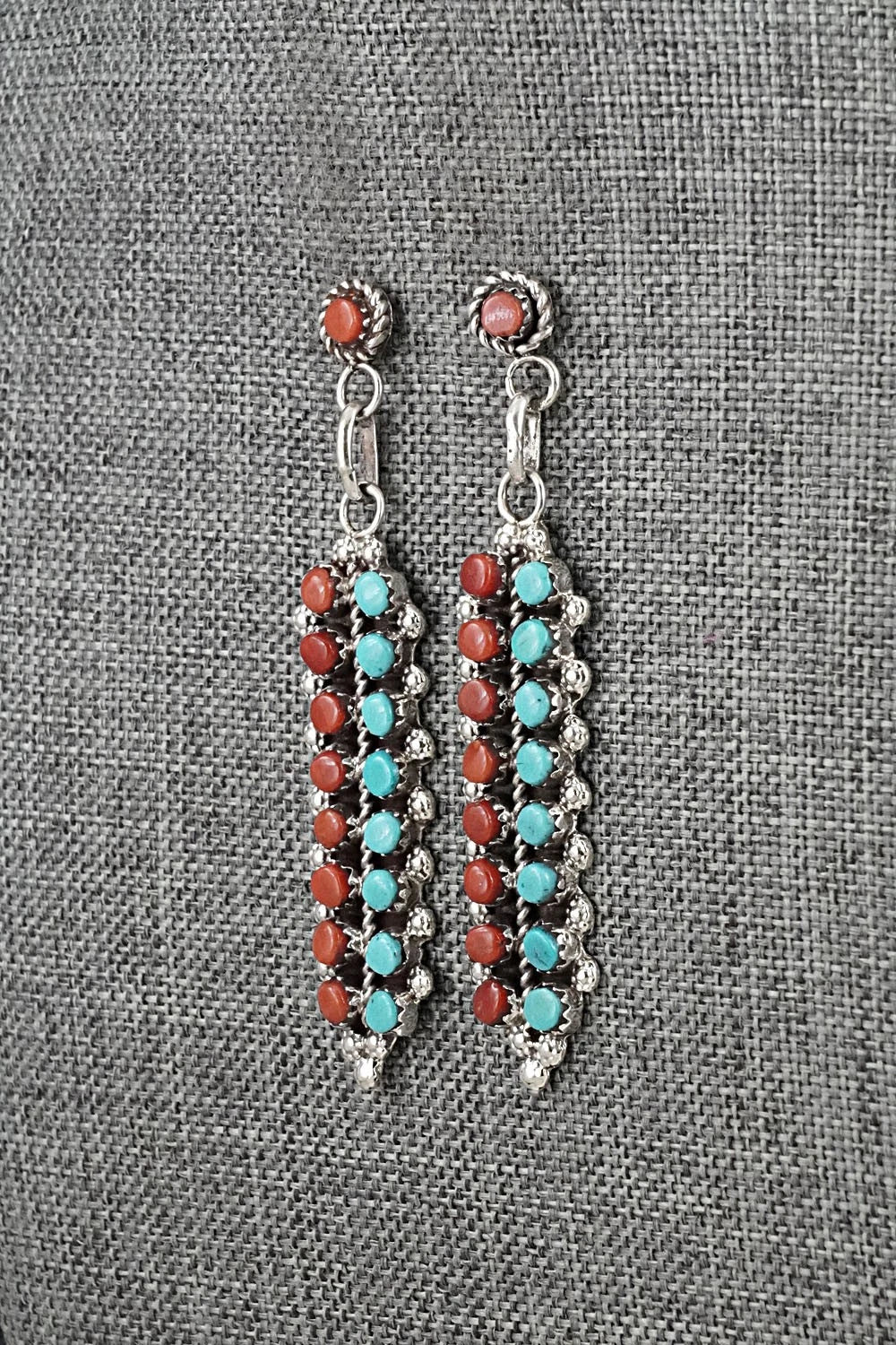 Turquoise, Coral & Sterling Silver Earrings - Jean Paisano