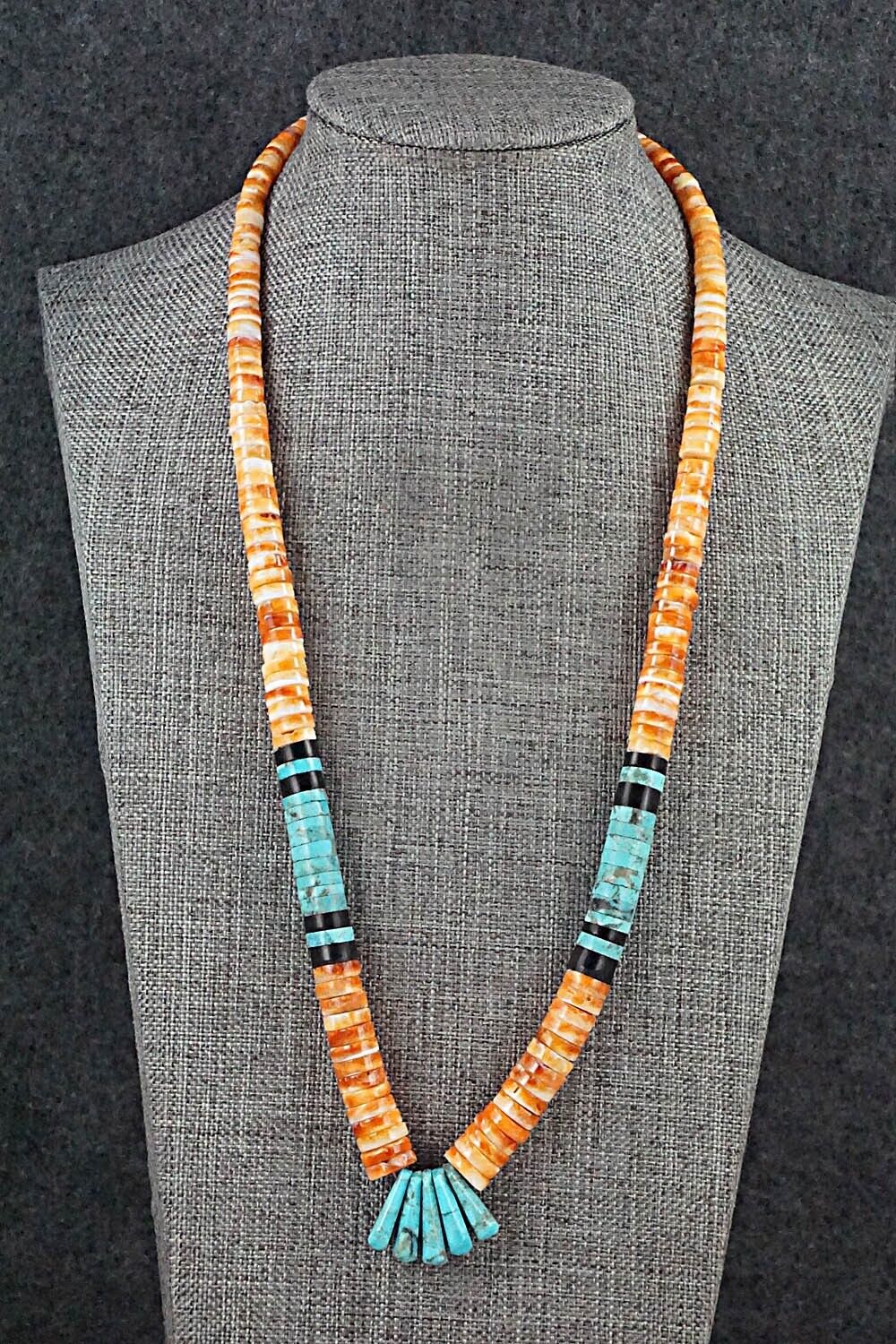 Turquoise, Spiny Oyster, Onyx & Sterling Silver Necklace - Lupe Lovato