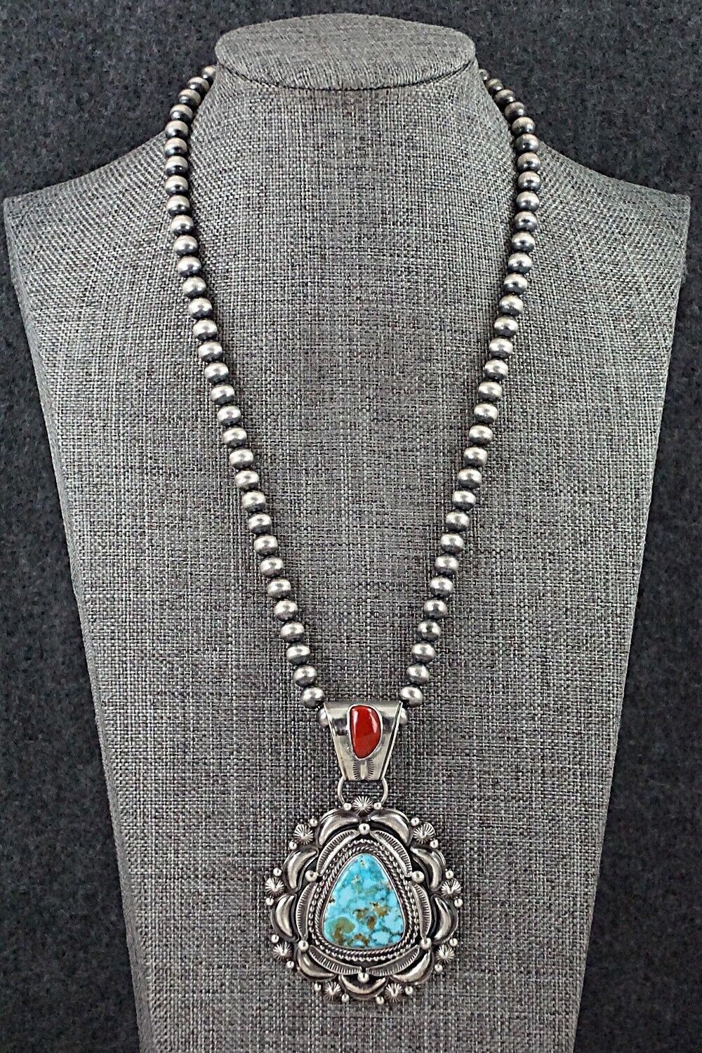 Turquoise, Coral & Sterling Silver Necklace - Tom Lewis