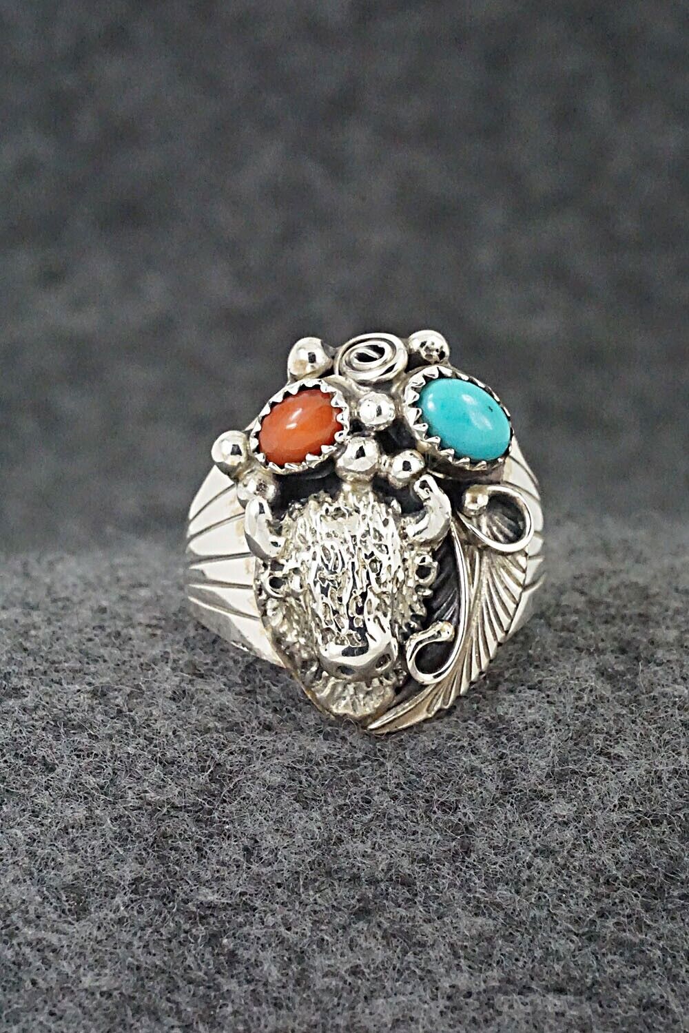 Turquoise, Coral & Sterling Silver Ring - Jeannette Saunders - Size 9.75