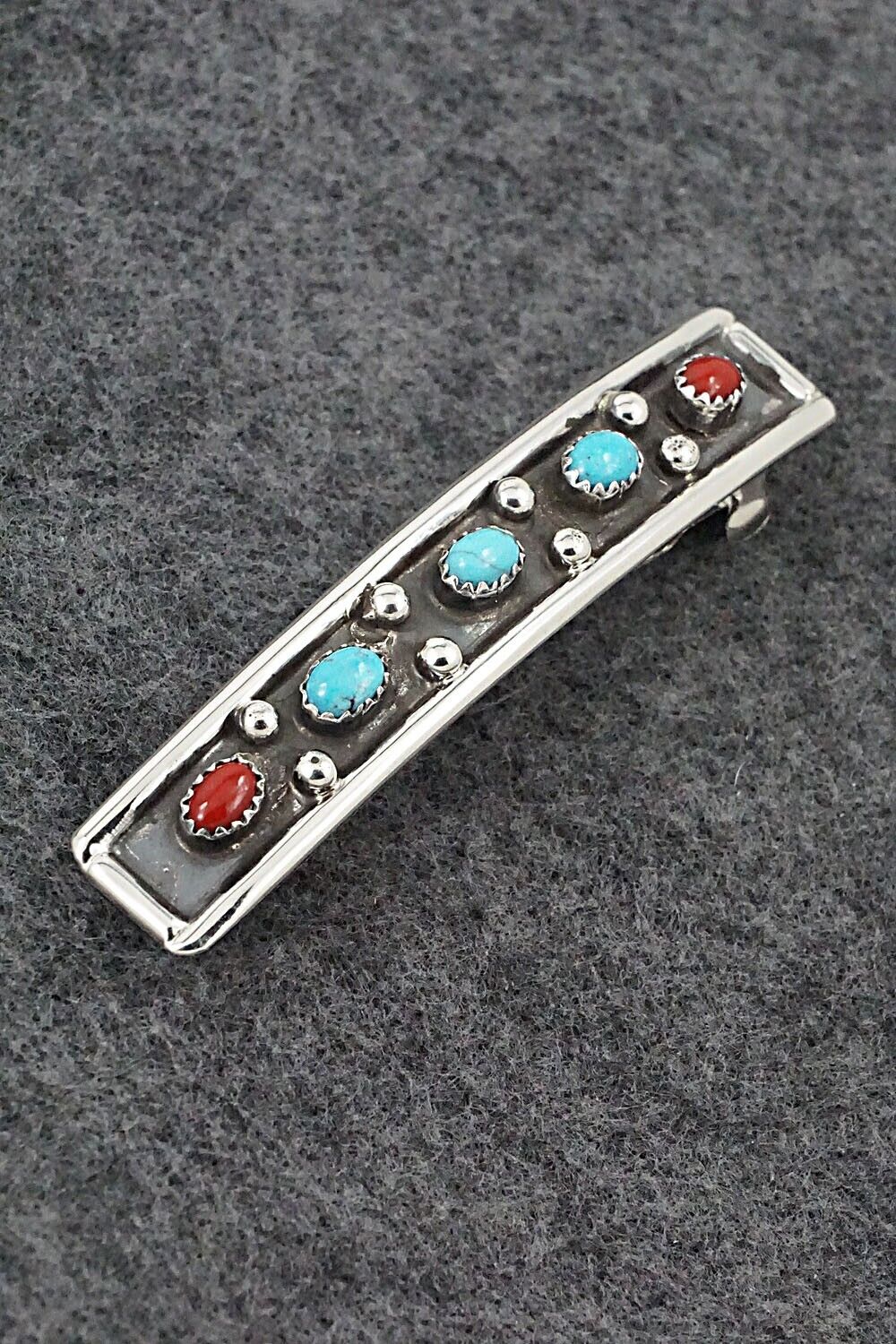 Turquoise, Coral & Sterling Silver Hair Barrette - Paul Largo