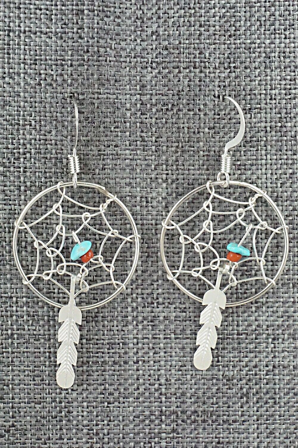 Turquoise, Coral & Sterling Silver Earrings - Helena Yazzie