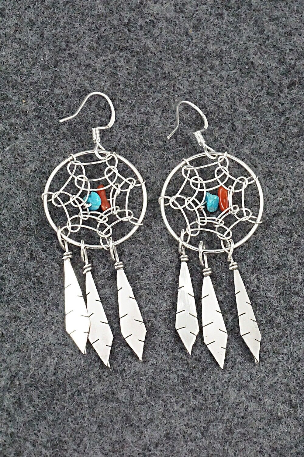 Turquoise, Coral & Sterling Silver Earrings - Lorenzo Arviso Jr.