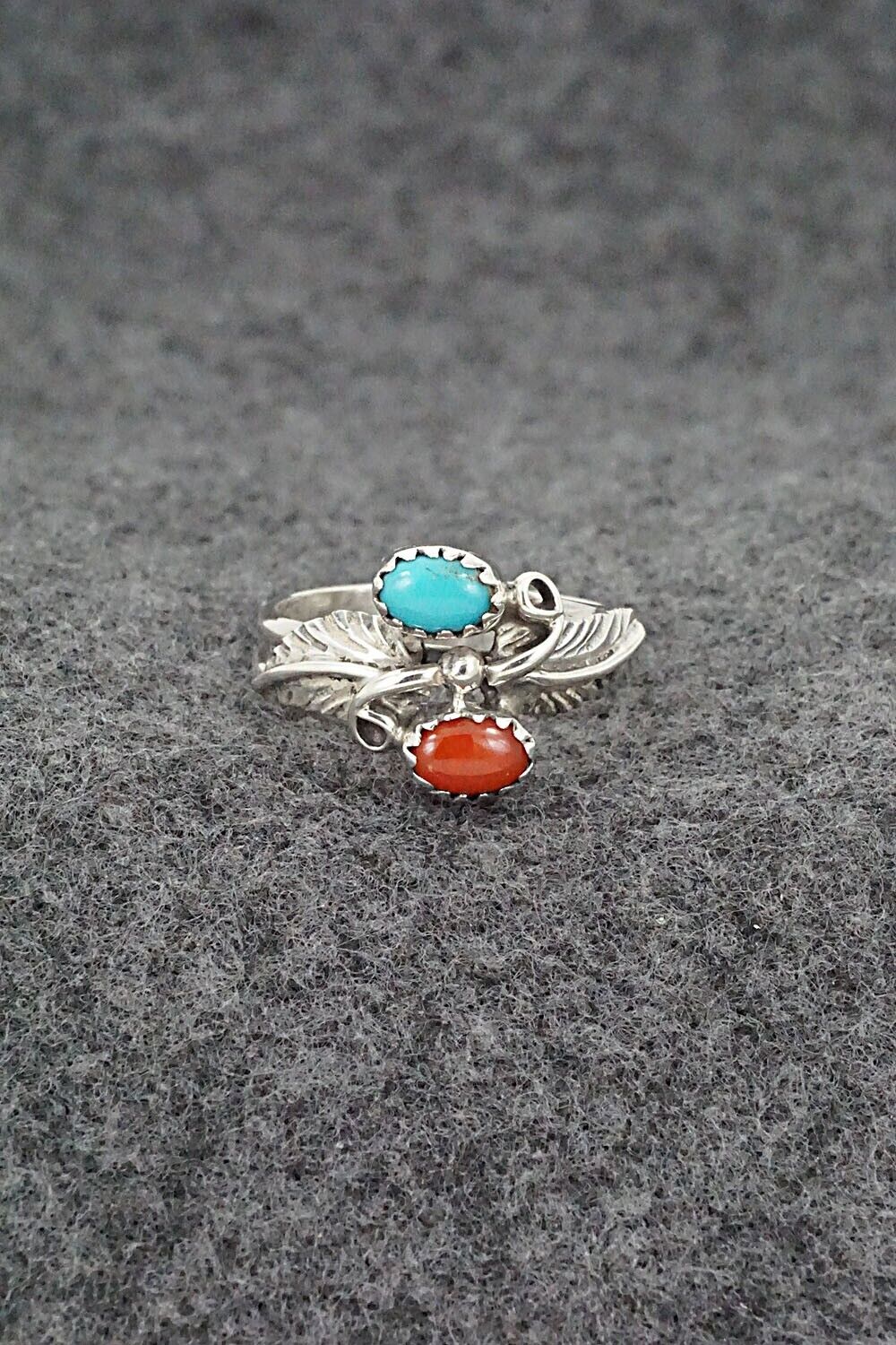 Turquoise, Coral & Sterling Silver Ring - Harry B. Yazzie - Size 7.5