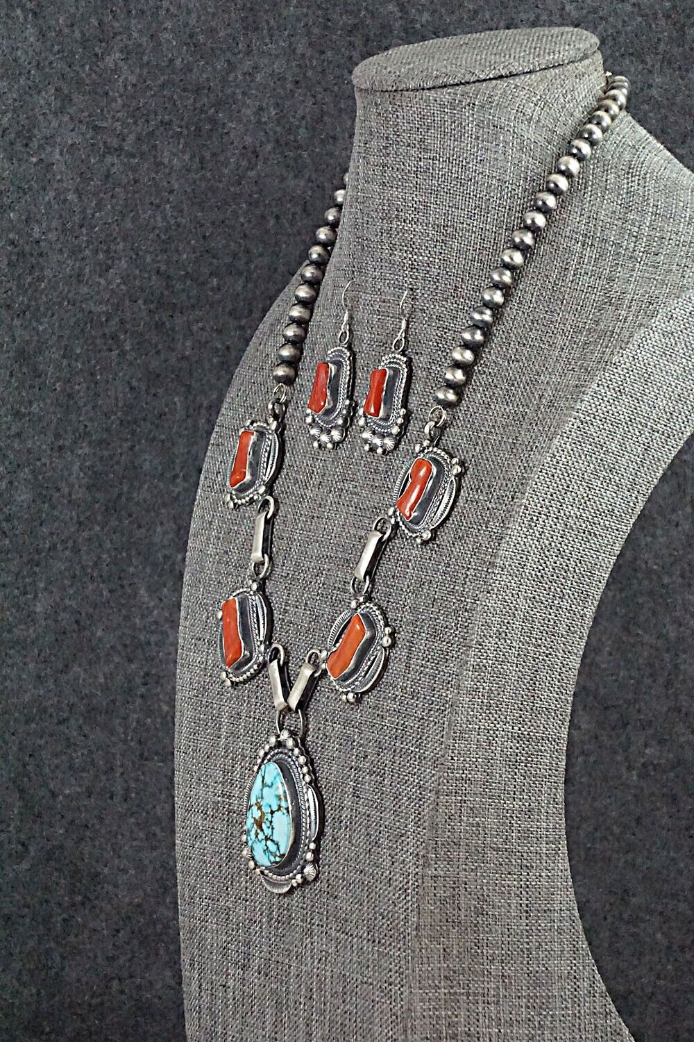 Turquoise, Coral & Sterling Silver Necklace and Earrings Set - Tom Lewis