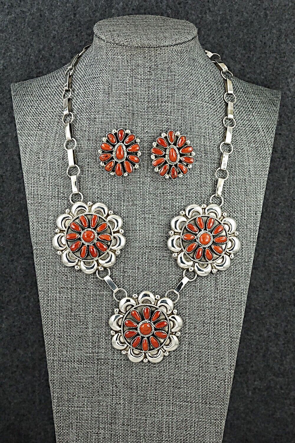 Coral & Sterling Silver Necklace and Earrings Set - Eunise Wilson