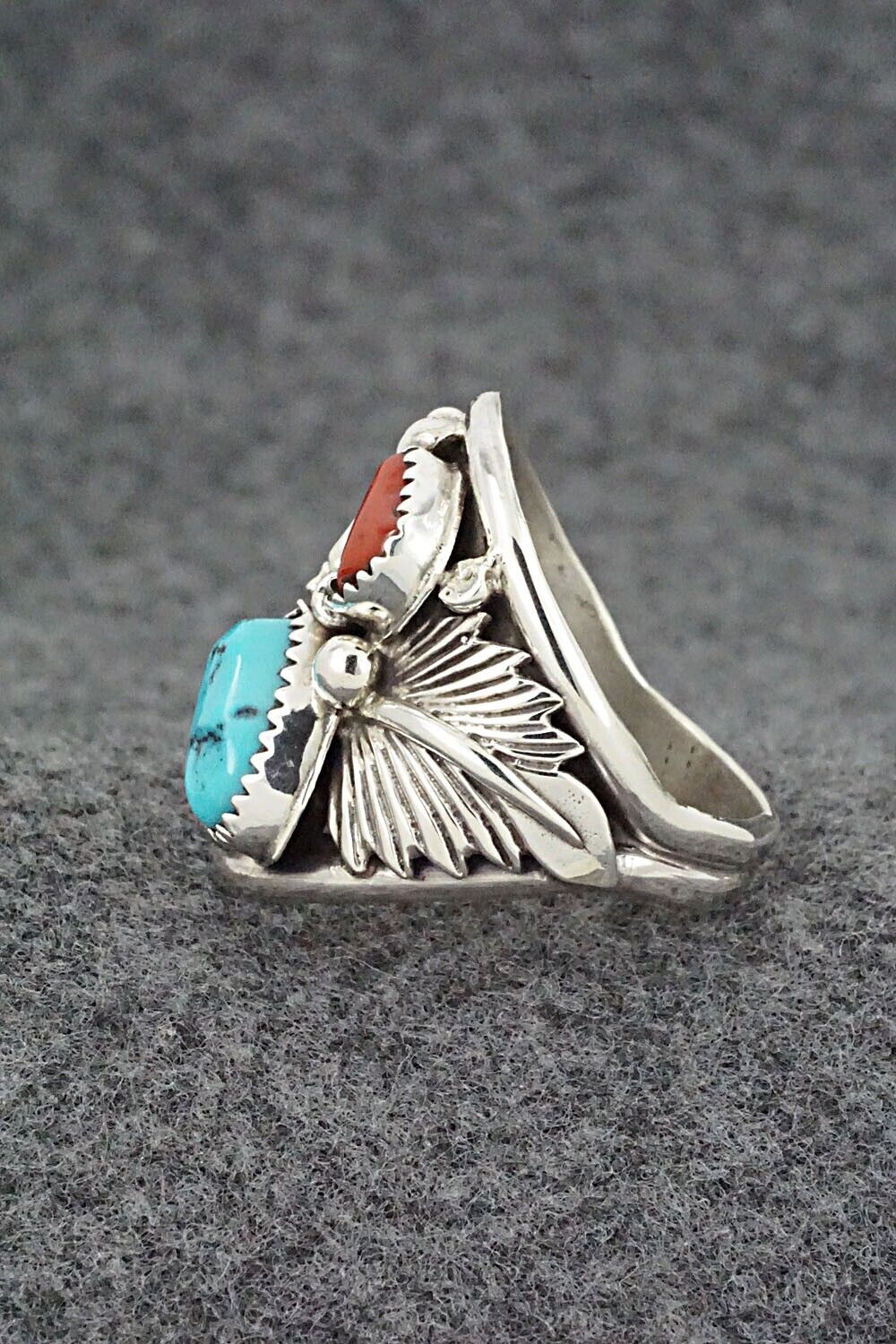 Turquoise, Coral & Sterling Silver Ring - Jeannette Saunders - Size 11