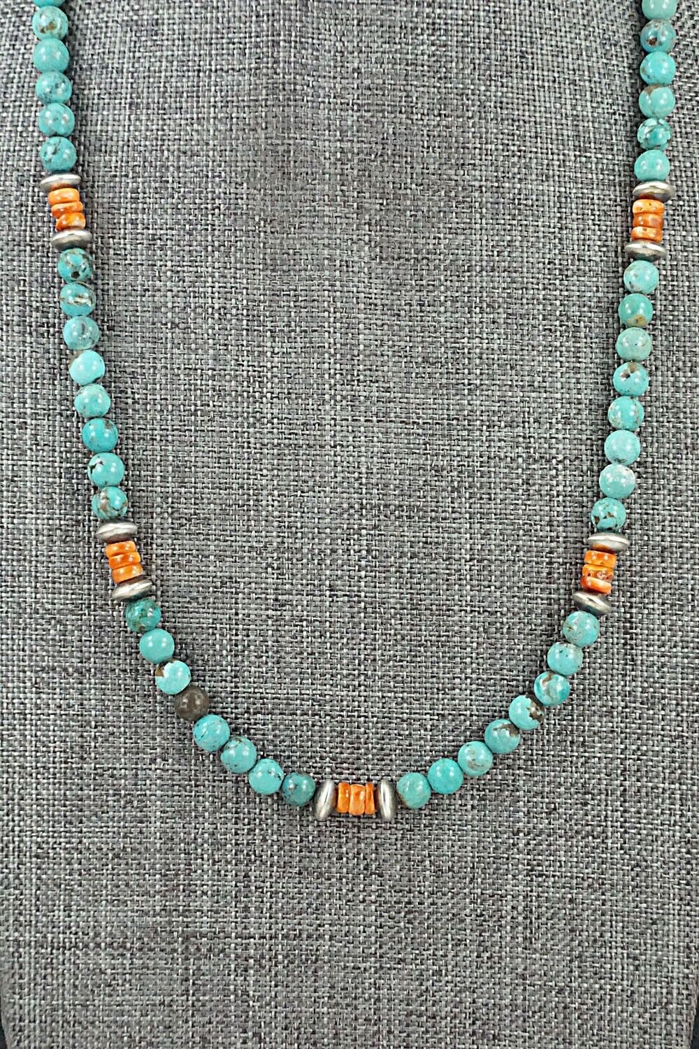 Turquoise, Spiny Oyster & Sterling Silver Necklace 20" - Doreen Jake