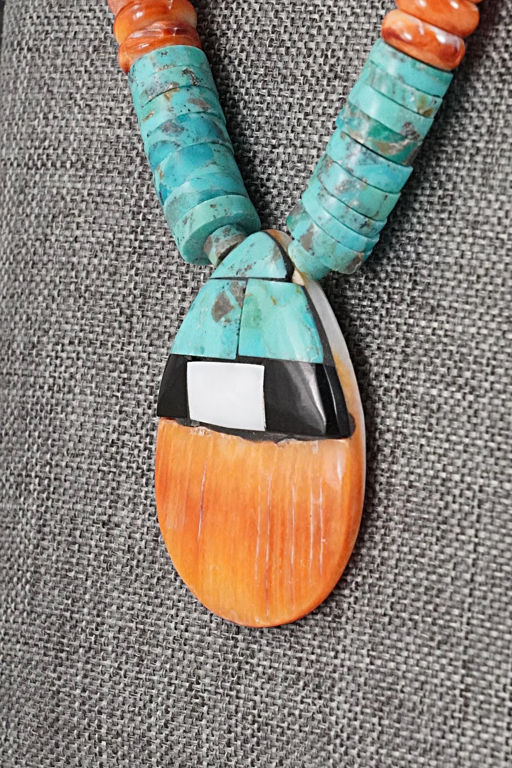 Turquoise, Spiny Oyster and Sterling Silver Necklace - Lupe Lovato