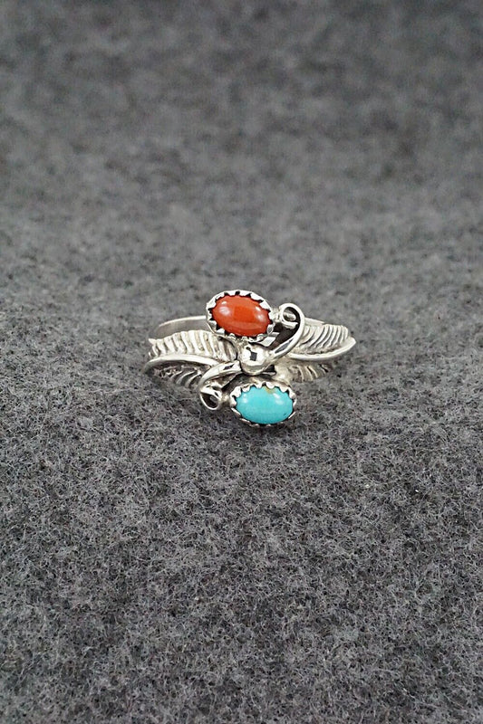 Turquoise, Coral & Sterling Silver Ring - Harry B. Yazzie - Size 8