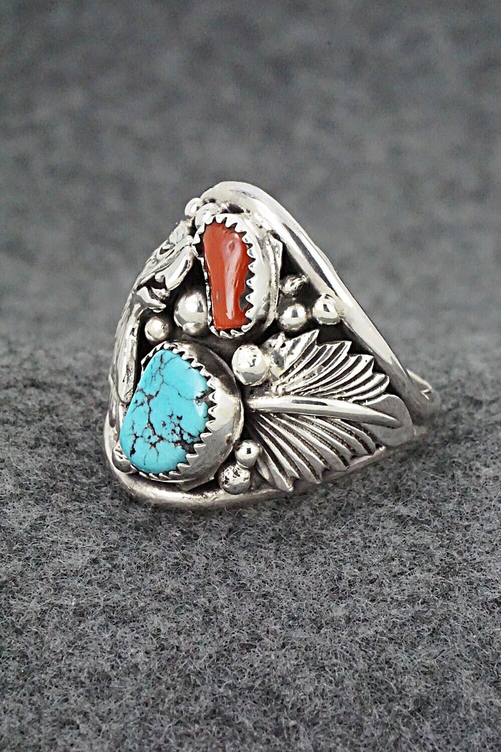 Turquoise, Coral & Sterling Silver Ring - Jeannette Saunders - Size 13.75