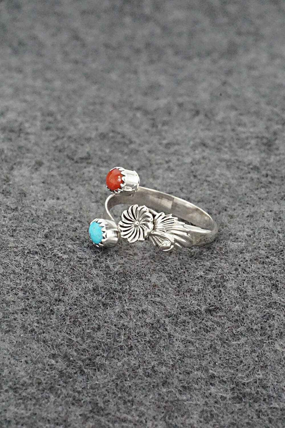 Turquoise, Coral & Sterling Silver Ring - Robert Martinez - Size 8.5