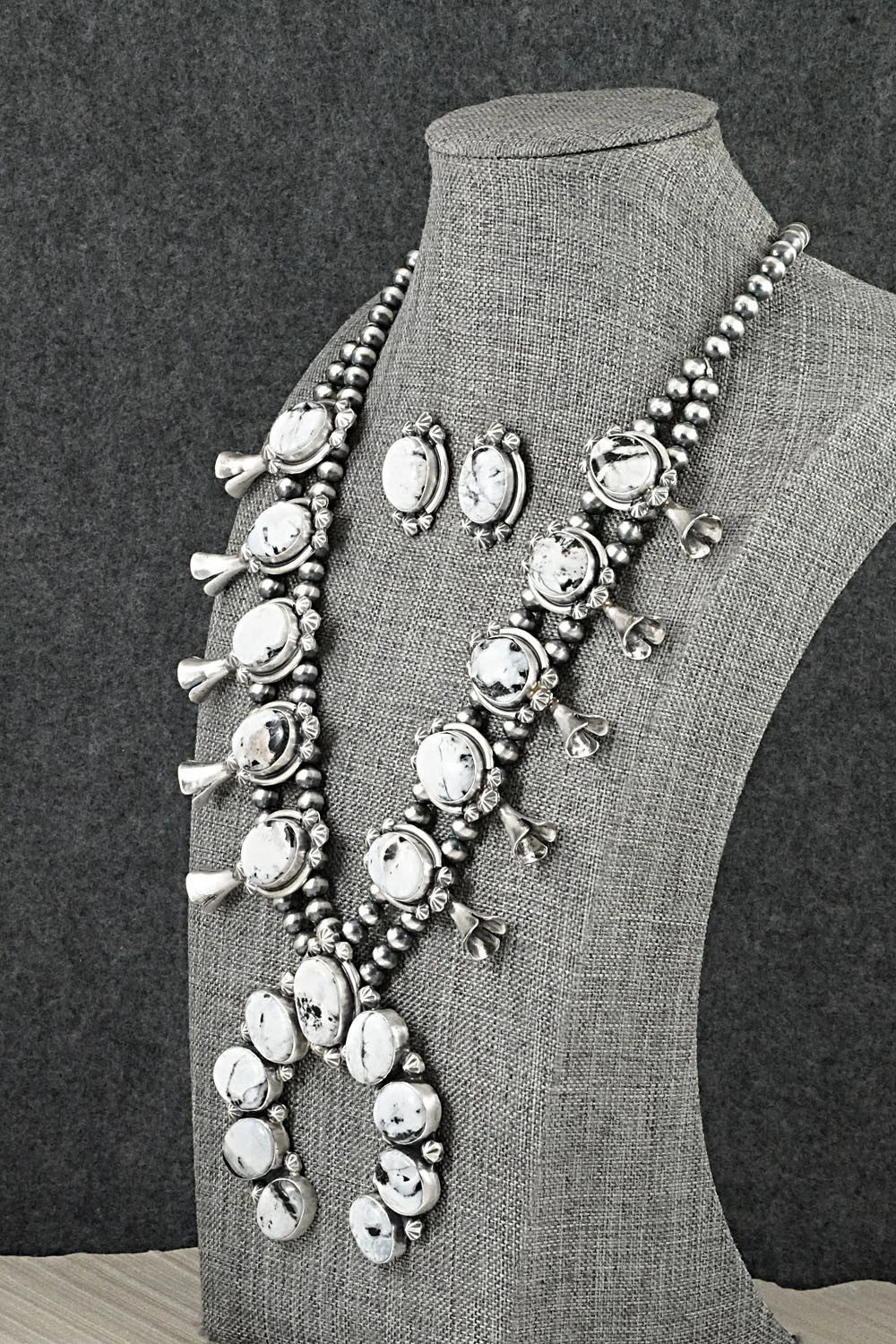 White Buffalo & Sterling Silver Squash Blossom Set - Darrin Livingston