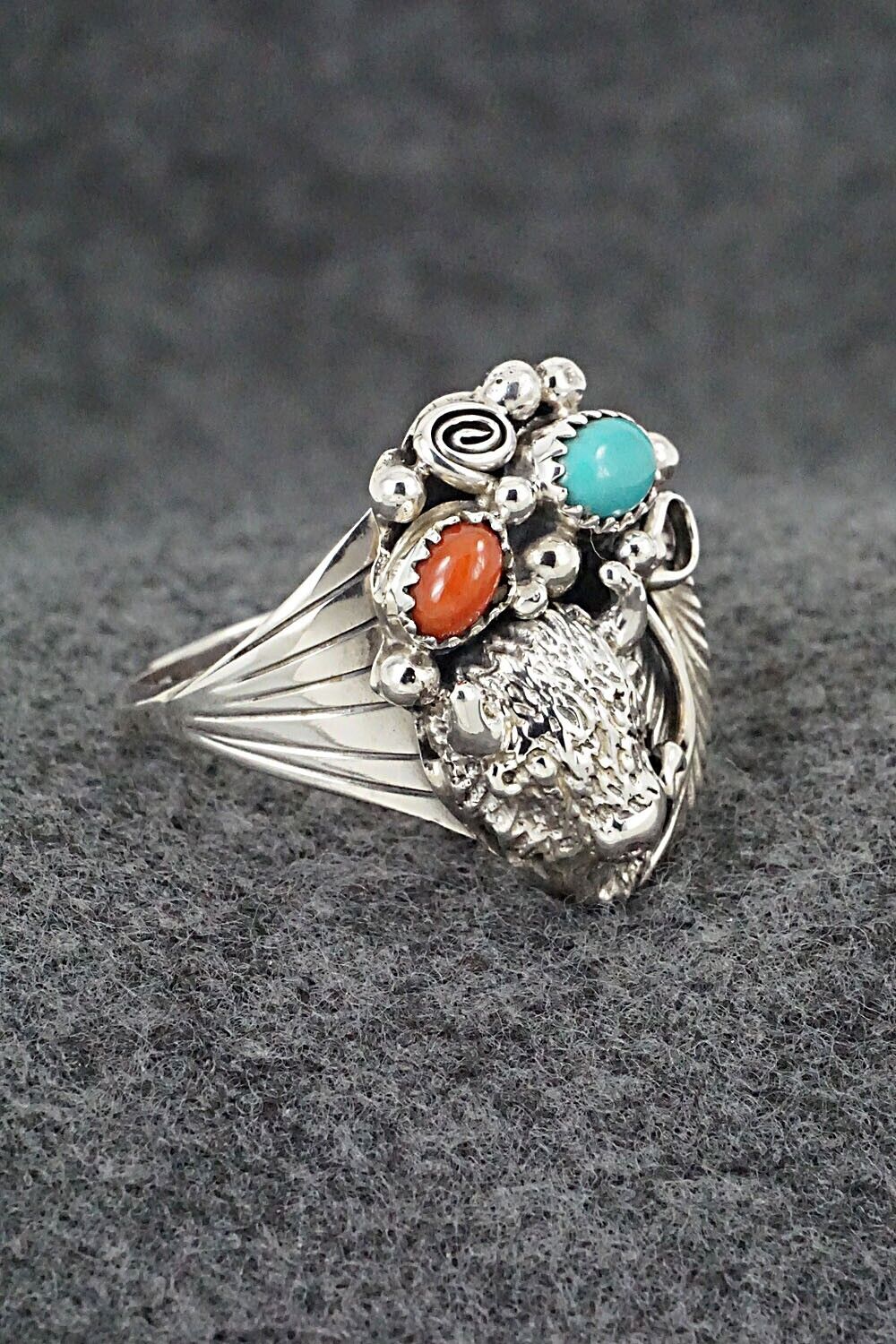 Turquoise, Coral & Sterling Silver Ring - Jeannette Saunders - Size 14