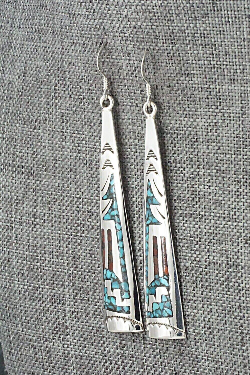 Turquoise, Coral & Sterling Silver Earrings - Jolene Yazzie