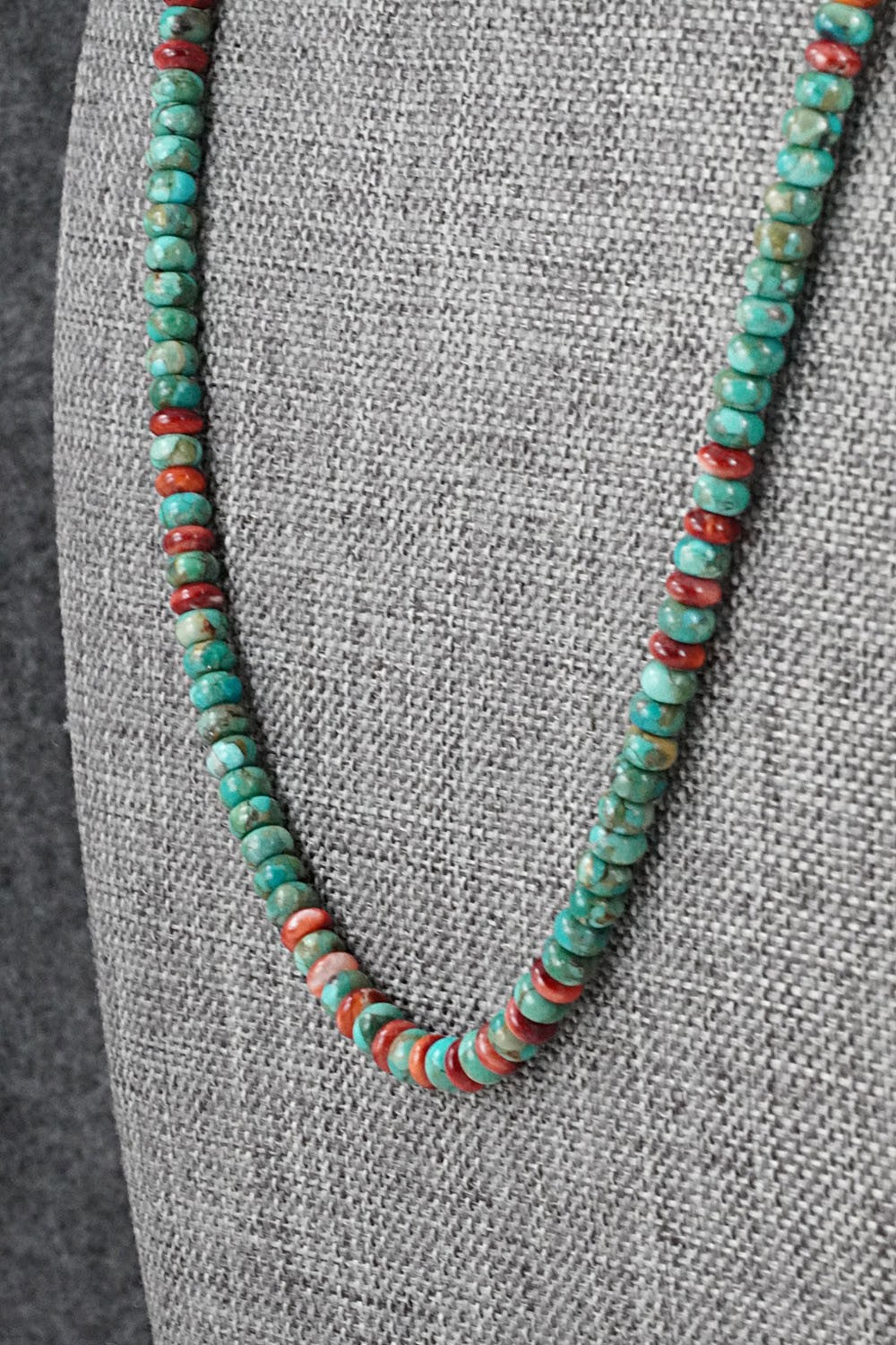 Turquoise, Spiny Oyster & Sterling Silver Necklace 20" - Helen Tsosie