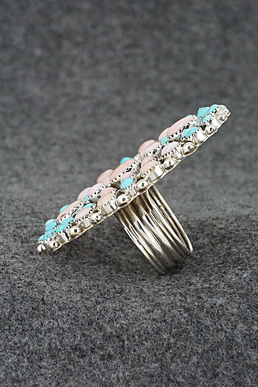 Pink Conch Shell, Turquoise & Sterling Silver Ring - Tina Jones - Size 9.5 (Adj)