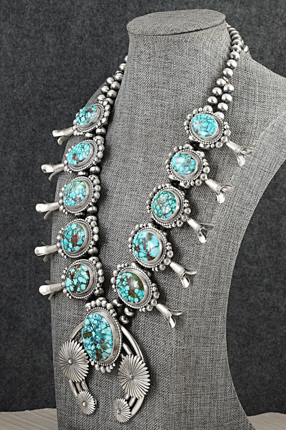 Turquoise & Sterling Silver Squash Blossom Necklace - Tom Lewis