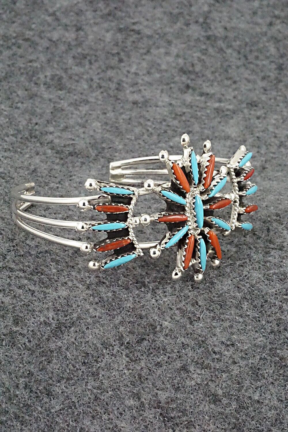 Turquoise, Coral & Sterling Silver Bracelet - Jack Etsate